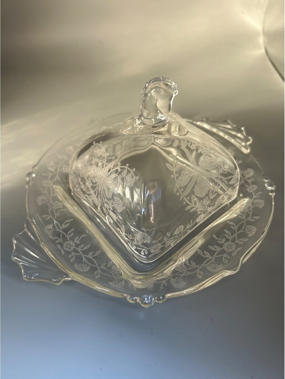 Heisey Orchid Etched Glass Square Butter Dish Dome Lid Plate Horse Head Finial